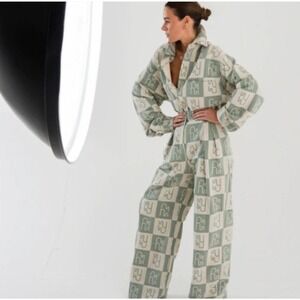 YAITTE Miami Italian Cotton Flannel Button Up Shirt Green White Checkered Sz XS‎